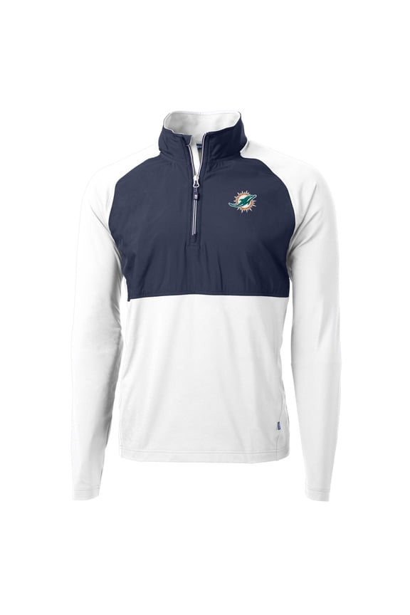 Men's Cutter & Buck Navy/White Miami Dolphins Adapt Eco Knit Hybrid Recycled Quarter-Zip Raglan Jacket