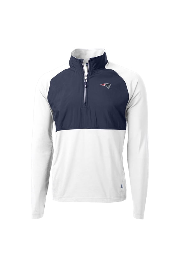 Men's Cutter & Buck Navy/White New England Patriots Adapt Eco Knit Hybrid Recycled Quarter-Zip Raglan Jacket