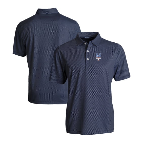 Men's Cutter & Buck Navy/White New York Mets Stars & Stripes Pike Eco Symmetry Print Stretch Recycled Polo