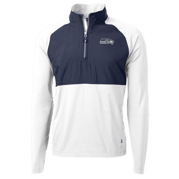 Men's Cutter & Buck Navy/White Seattle Seahawks Adapt Eco Knit Hybrid Recycled Quarter-Zip Raglan Jacket