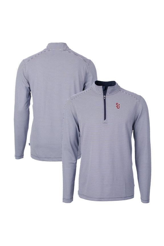 Men's Cutter & Buck Navy/White St. John's Red Storm Big & Tall Virtue Eco Pique Micro Stripe Recycled Quarter-Zip