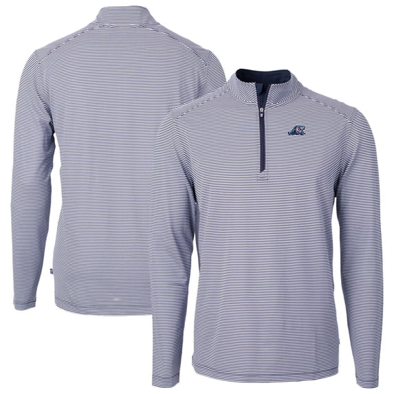Men's Cutter & Buck Navy/White West Michigan Whitecaps Virtue Eco Pique Micro Stripe Recycled Quarter-Zip Pullover Top