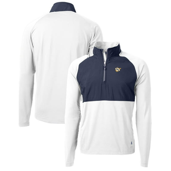 Men's Cutter & Buck Navy/White West Virginia Mountaineers Adapt Eco Knit Hybrid Recycled Quarter-Zip Pullover Top