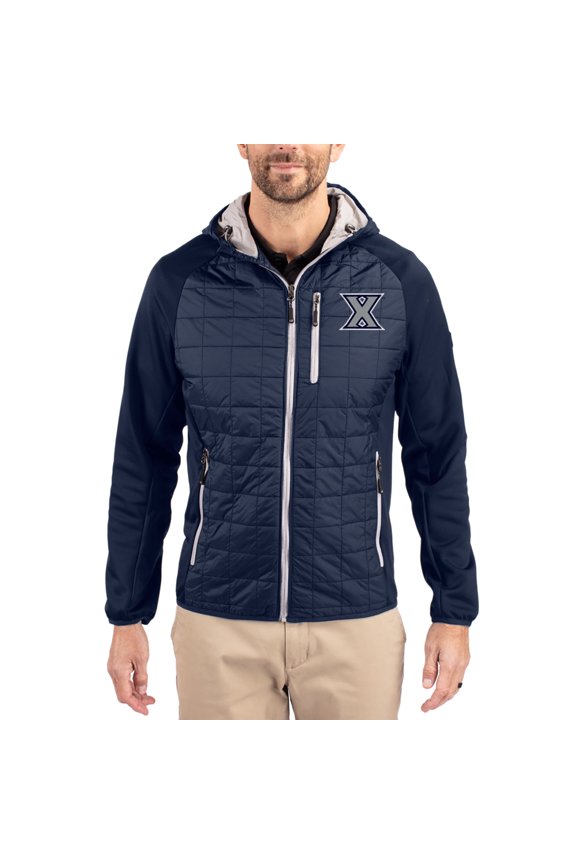 Men's-Cutter & Buck Navy Xavier Musketeers Rainier Eco Hybrid PrimaLoft Raglan Full-Zip Jacket