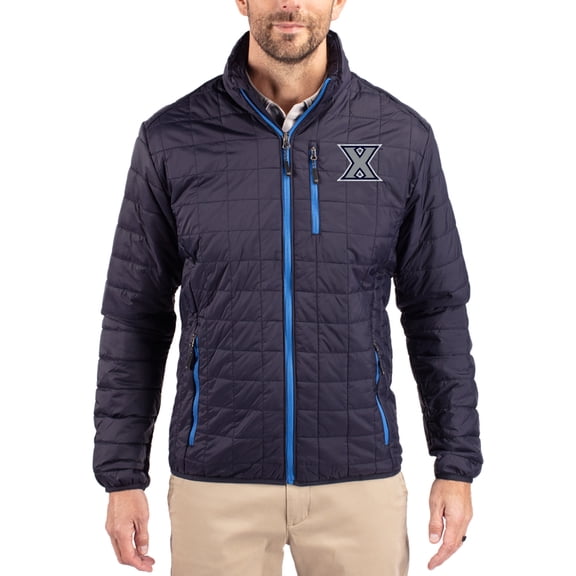 Men's-Cutter & Buck  Navy Xavier Musketeers Rainier Eco Insulated PrimaLoft Full-Zip Puffer Jacket