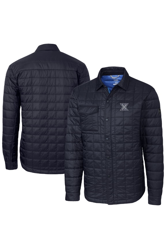 Men's-Cutter & Buck Navy Xavier Musketeers Ranier Eco Insulated PrimaLoft Full-Snap Shacket