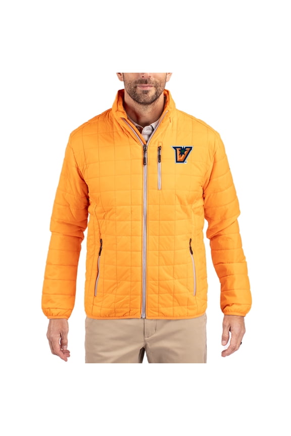 Men's-Cutter & Buck Orange Texas-Rio Grande Valley Vaqueros Rainier Eco Insulated PrimaLoft Full-Zip Puffer Jacket