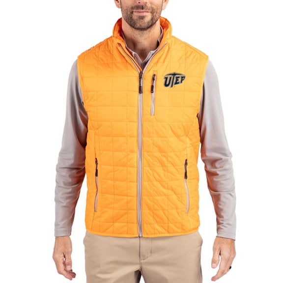Men's-Cutter & Buck Orange UTEP Miners Rainier Eco Insulated PrimaLoft Full-Zip Puffer Vest