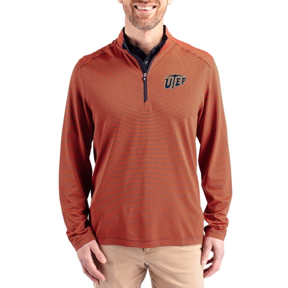Men's-Cutter & Buck Orange UTEP Miners Virtue Micro Stripe DryTec Quarter-Zip Pullover