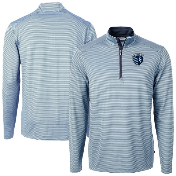 Men's-Cutter & Buck Powder Blue Sporting Kansas City Big & Tall Virtue Eco Pique Micro Stripe Recycled Quarter-Zip