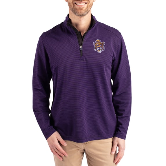 Men's-Cutter & Buck Purple LSU Tigers Virtue Micro Stripe DryTec Quarter-Zip Pullover