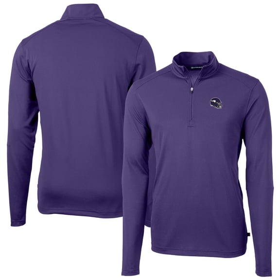 Men's Cutter & Buck Purple Minnesota Vikings Helmet Virtue Eco Pique Recycled Quarter-Zip Pullover Top