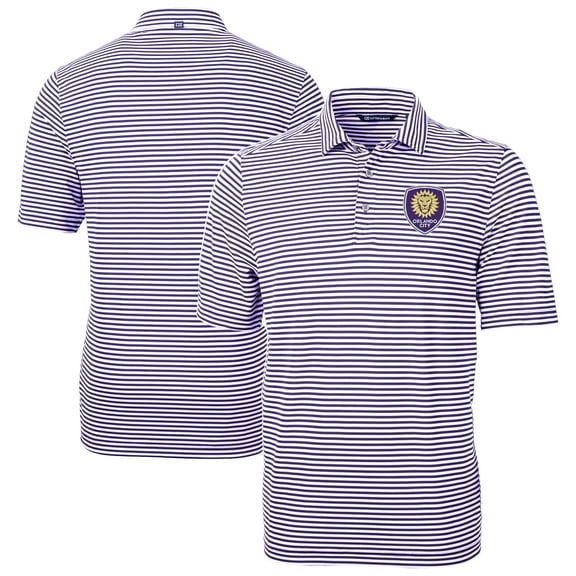 Men's-Cutter & Buck Purple Orlando City SC Virtue Eco Pique Stripe Recycled Polo