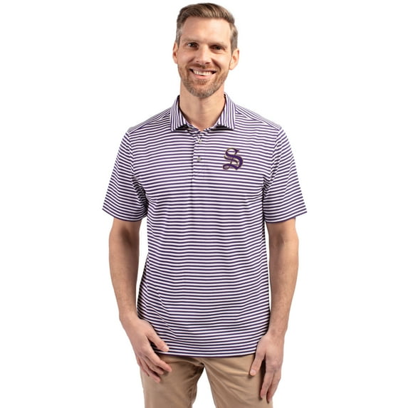 Men's Cutter & Buck Purple/White Sewanee Tigers Virtue Eco Pique Stripe Recycled DryTec Polo