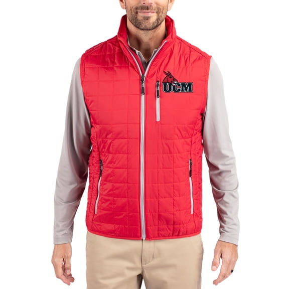 Men's-Cutter & Buck Red Central Missouri Mules Rainier Eco Insulated PrimaLoft Full-Zip Puffer Vest