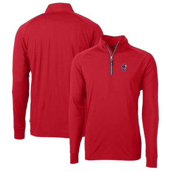 Men's Cutter & Buck Red Kansas Jayhawks Adapt Eco Knit Stretch Recycled Quarter-Zip Pullover Top