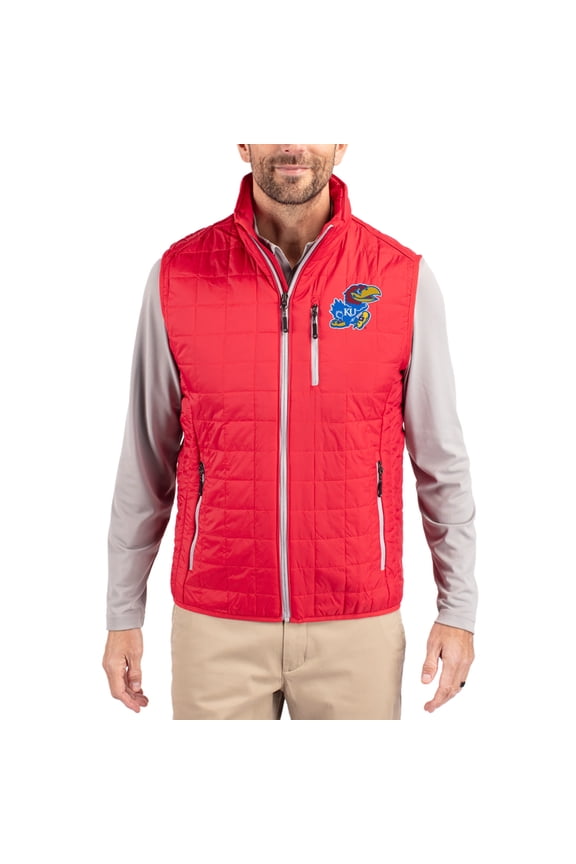 Men's-Cutter & Buck Red Kansas Jayhawks Rainier Eco Insulated PrimaLoft Full-Zip Puffer Vest