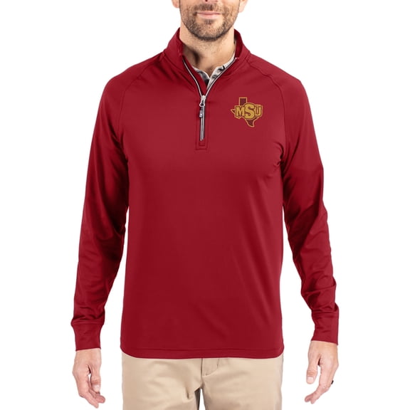 Men's Cutter & Buck Red Midwestern State Mustangs Adapt Eco Knit Stretch Recycled Quarter-Zip Pullover