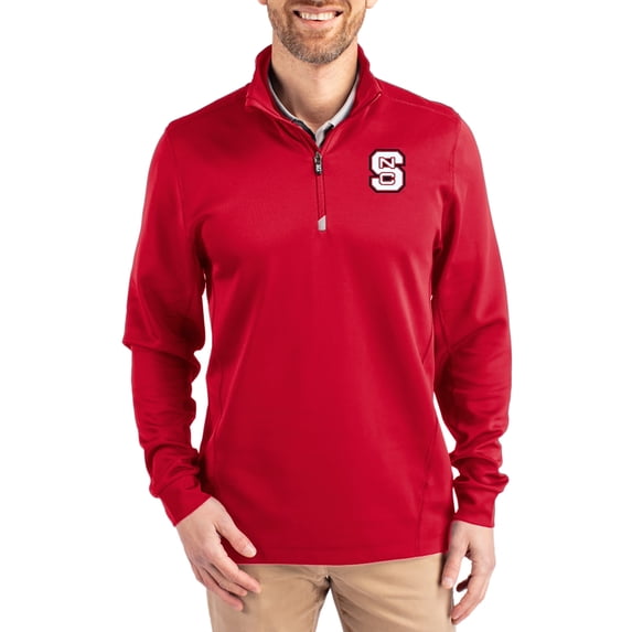 Men's-Cutter & Buck Red NC State Wolfpack DryTec Traverse Stretch Eco Tri-Blend Quarter-Zip Pullover