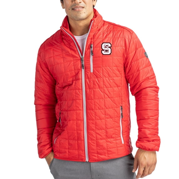 Men's-Cutter & Buck Red NC State Wolfpack Rainier Eco Insulated PrimaLoft Full-Zip Puffer Jacket