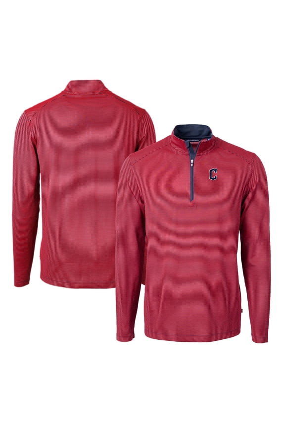 Men's Cutter & Buck Red/Navy Cleveland Guardians Virtue Eco Pique Micro Stripe Big & Tall Recycled Quarter-Zip Pullover