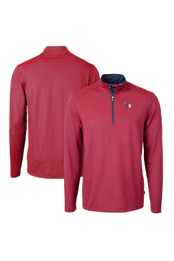 Men's Cutter & Buck Red/Navy Cleveland Guardians Virtue Eco Pique Micro Stripe Recycled Quarter-Zip Pullover Top