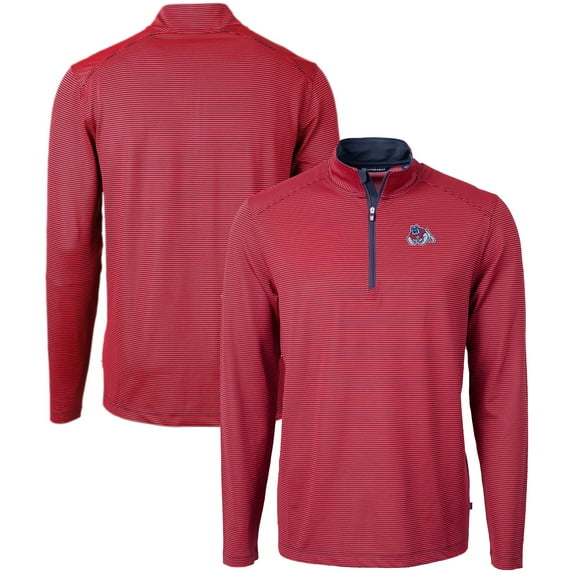 Men's Cutter & Buck Red/Navy Fresno State Bulldogs Big & Tall Virtue Eco Pique Micro Stripe Recycled Quarter-Zip