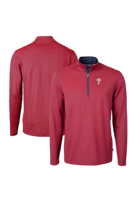 Men's Cutter & Buck Red/Navy Philadelphia Phillies Virtue Eco Pique Micro Stripe Big & Tall Recycled Quarter-Zip