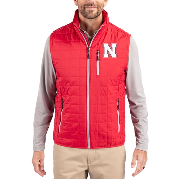 Men's-Cutter & Buck Red Nebraska Huskers Rainier Eco Insulated PrimaLoft Full-Zip Puffer Vest