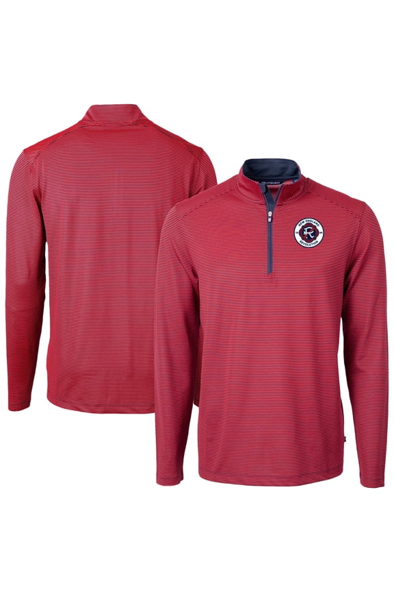 Men's Cutter & Buck Red New England Revolution DryTec Virtue Eco Pique Micro Stripe Recycled Quarter-Zip Pullover Top