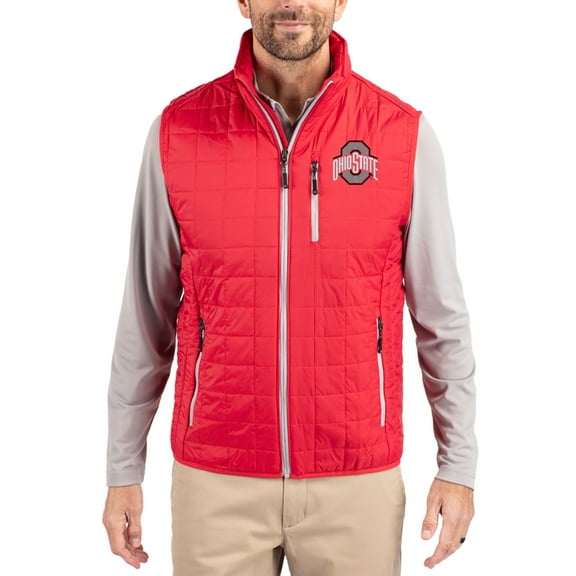 Men's-Cutter & Buck  Red Ohio State Buckeyes Rainier Eco Insulated PrimaLoft Full-Zip Puffer Vest