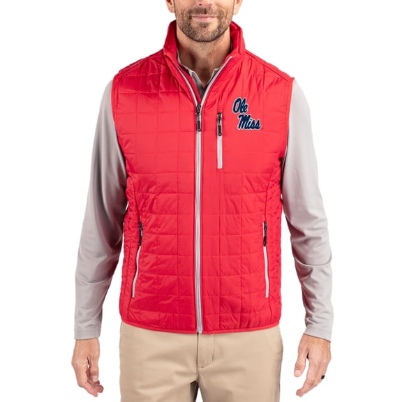 Men's-Cutter & Buck  Red Ole Miss Rebels Rainier Eco Insulated PrimaLoft Full-Zip Puffer Vest