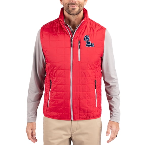Men's-Cutter & Buck Red Ole Miss Rebels Rainier Eco Insulated PrimaLoft Full-Zip Puffer Vest