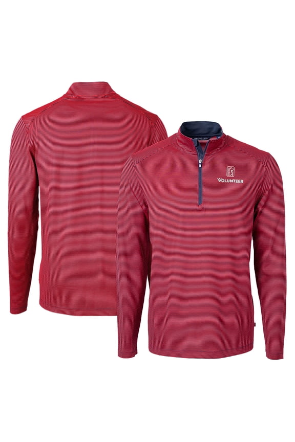 Men's Cutter & Buck Red PGA TOUR Volunteers Big & Tall Virtue Eco Pique Micro Stripe Recycled Quarter-Zip Pullover Top