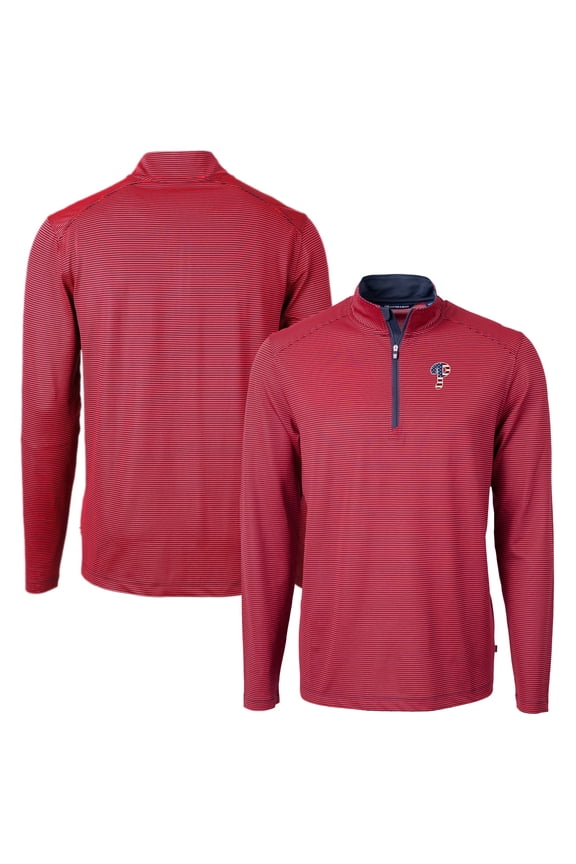 Men's Cutter & Buck Red Philadelphia Phillies Americana Logo Virtue Eco Pique Stripe Recycled Quarter-Zip Pullover Top