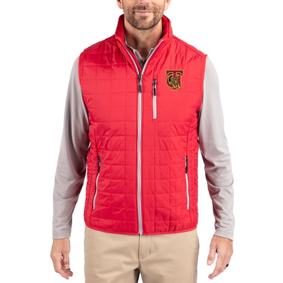 Men's-Cutter & Buck Red Tuskegee Golden Tigers Rainier Eco Insulated PrimaLoft Full-Zip Puffer Vest