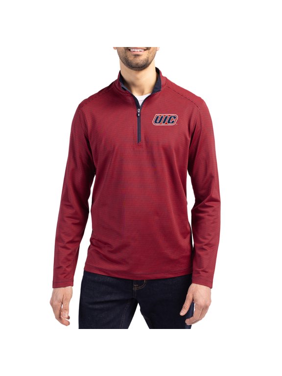 Men's-Cutter & Buck Red UIC Flames Virtue Micro Stripe DryTec Quarter-Zip Pullover