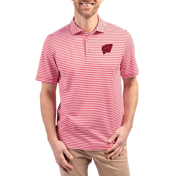 Men's Cutter & Buck  Red Wisconsin Badgers Virtue Eco Pique Stripe Recycled DryTec Polo
