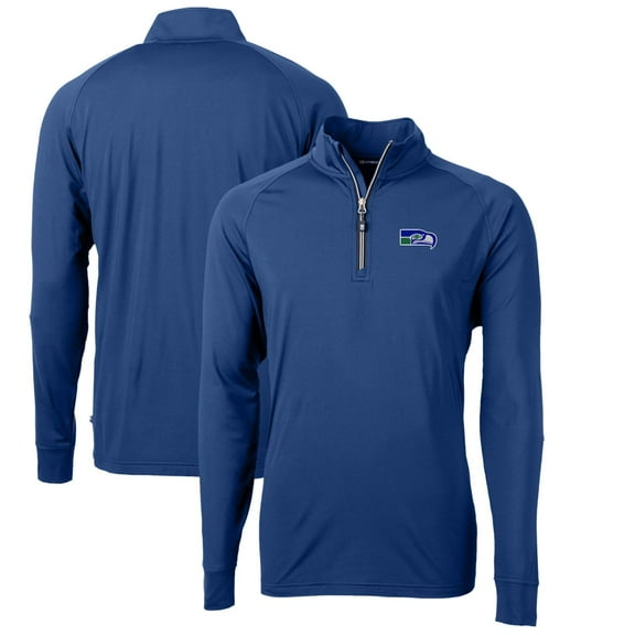 Men's Cutter & Buck Royal Seattle Seahawks Adapt Eco Knit Stretch Recycled Quarter-Zip Throwback Pullover Top