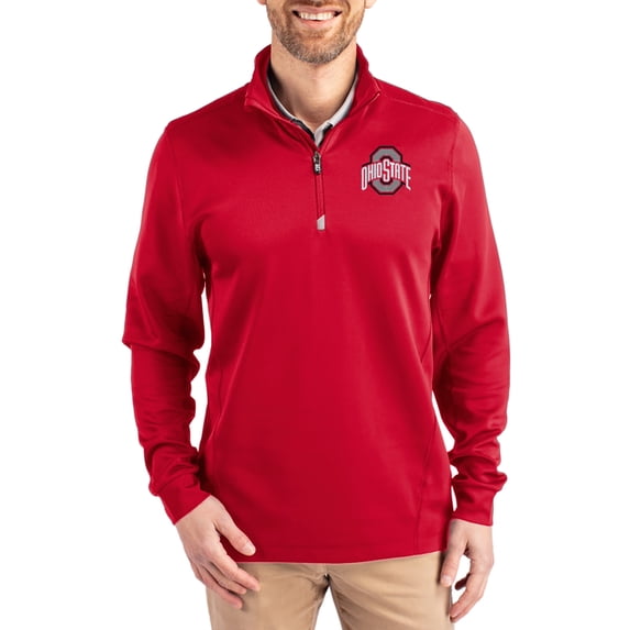 Men's-Cutter & Buck Scarlet Ohio State Buckeyes DryTec Traverse Stretch Eco Tri-Blend Quarter-Zip Pullover