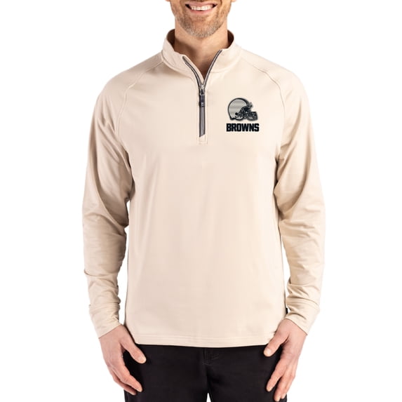 Men's Cutter & Buck Tan Cleveland Browns Adapt Eco Knit Stretch Recycled Quarter-Zip Pullover