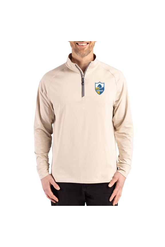 Men's Cutter & Buck Tan Los Angeles Chargers Throwback Logo Adapt Eco Knit Stretch Recycled Quarter-Zip Pullover