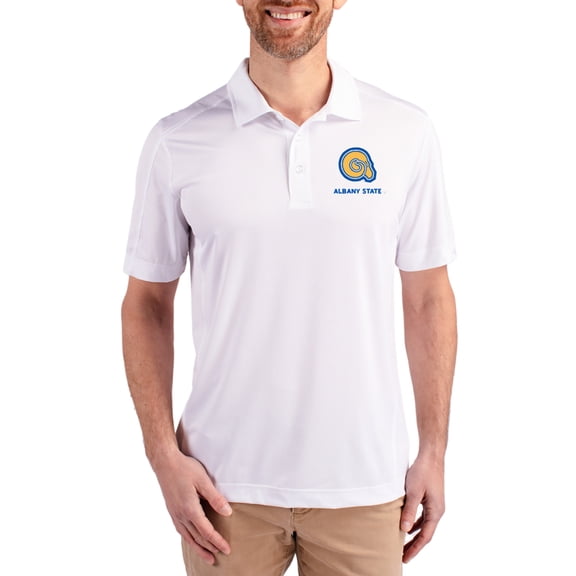 Men's Cutter & Buck White Albany State Golden Rams Prospect Eco Textured Stretch Recycled Polo