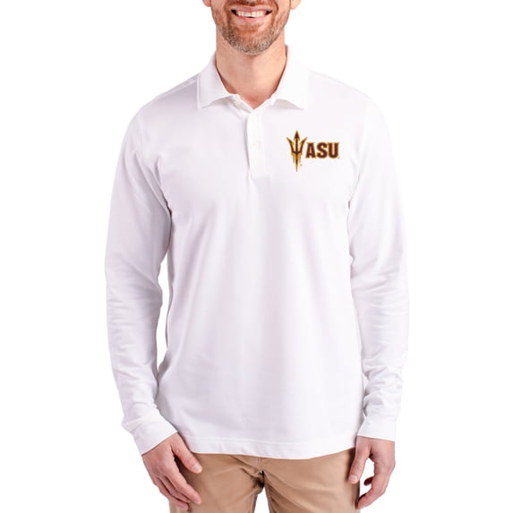 Men's Cutter & Buck White Arizona State Sun Devils Advantage Eco Tri-Blend Pique Long Sleeve Polo