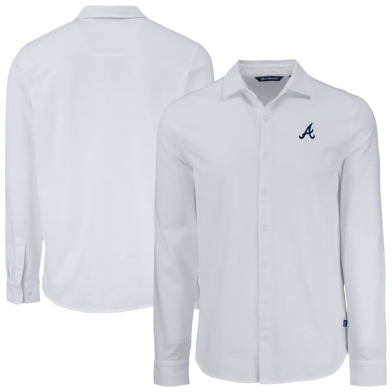 Men's Cutter & Buck White Atlanta Braves Knitted Advantage Tri-Blend Eco Soft Pique Long Sleeve Button-Up Shirt