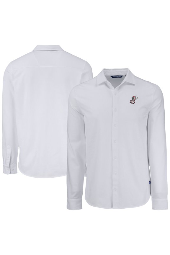 Men's Cutter & Buck White Cincinnati Reds Knitted Advantage Tri-Blend Eco Soft Pique Long Sleeve Button-Up Shirt