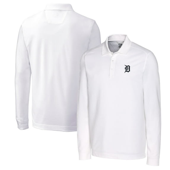 Men's Cutter & Buck White Detroit Tigers Big & Tall Advantage Eco Pique DryTec Tri-Blend Long Sleeve Polo