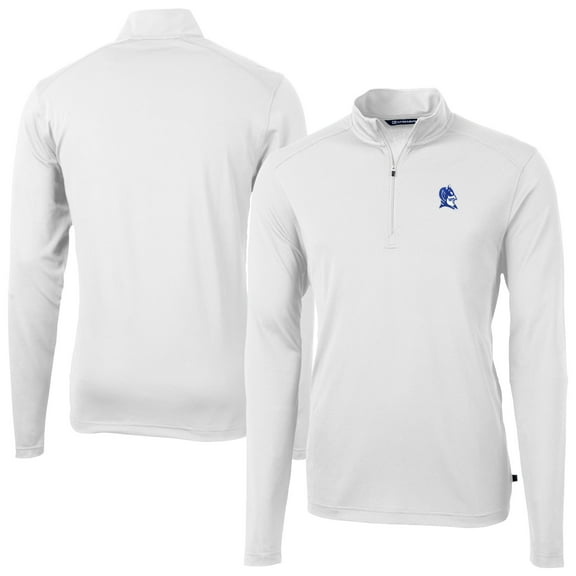 Men's Cutter & Buck White Duke Blue Devils Virtue Eco Pique Recycled DryTec Quarter-Zip Top