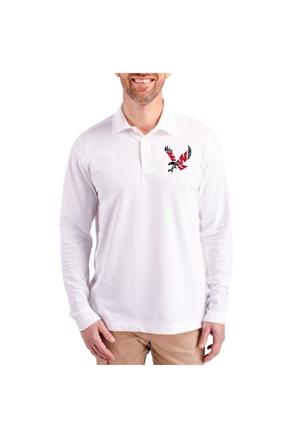 Men's Cutter & Buck White Eastern Washington Eagles Advantage Eco Tri-Blend Pique Long Sleeve Polo