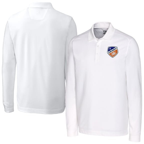 Men's-Cutter & Buck White FC Cincinnati Advantage Eco Tri-Blend Pique Long Sleeve Polo